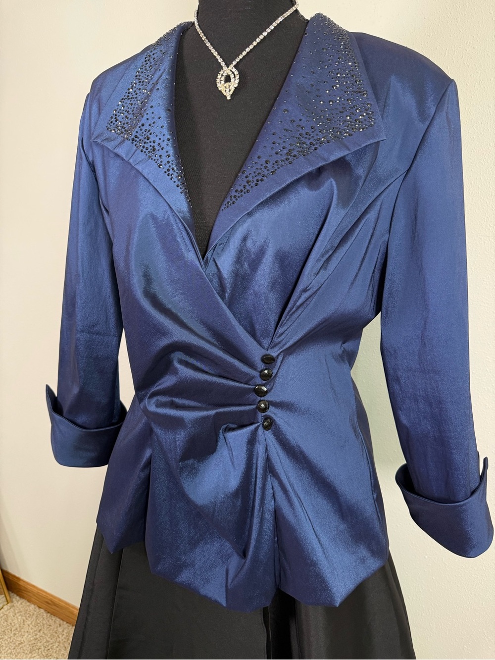 Vintage R&M Richards Blue Rhinestone Ruched Evening Jacket USA Size 18
